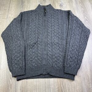 Celtic Country Mens Gray Merino Wool Cable Knit Cardigan Sweater Size XL